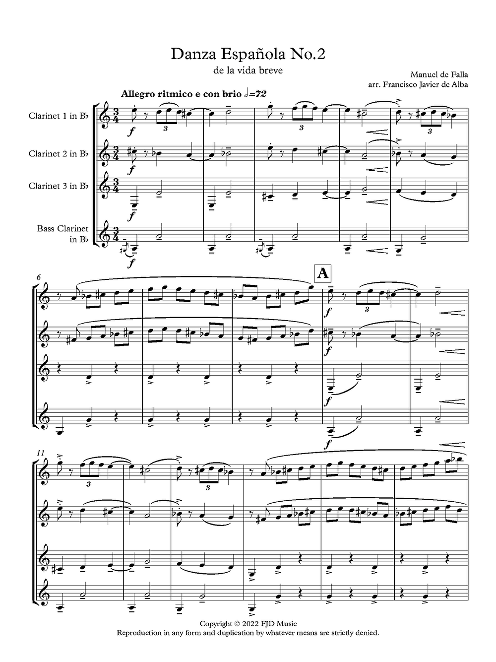 De Falla (arr. de Alba) - La Vida Breve for Clarinet Quartet