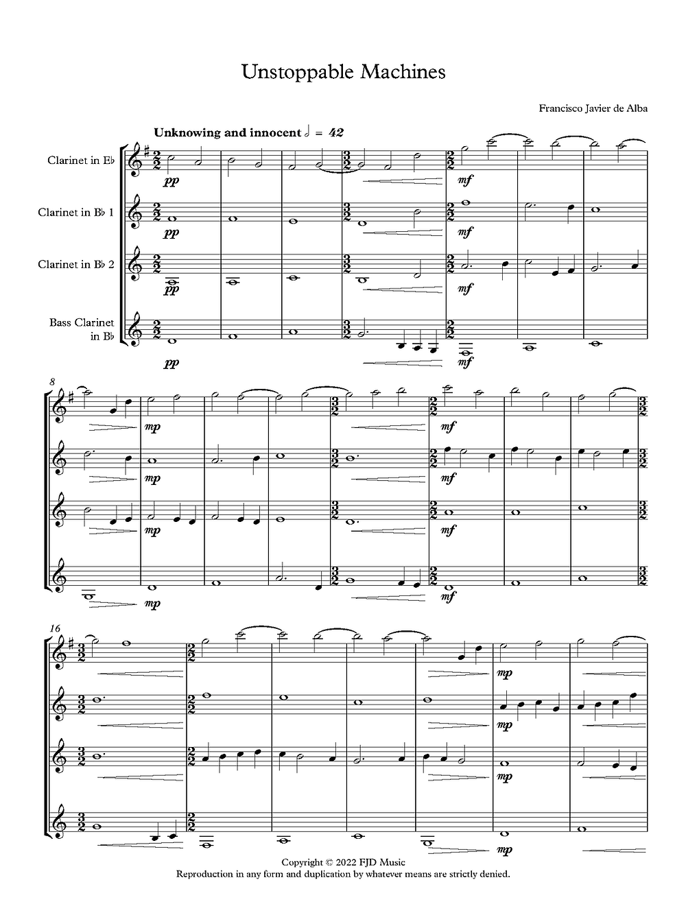 De Alba - Unstoppable Machines for Clarinet Quartet (Eb/2Bb/Bass)