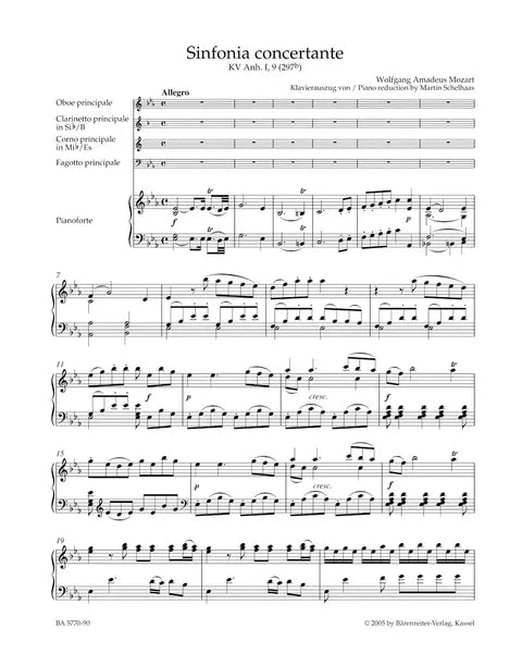 Mozart - Sinfonia Concertante, Op. 297b for Oboe, Clarinet, Horn, Bassoon, and Piano (Score and Parts)