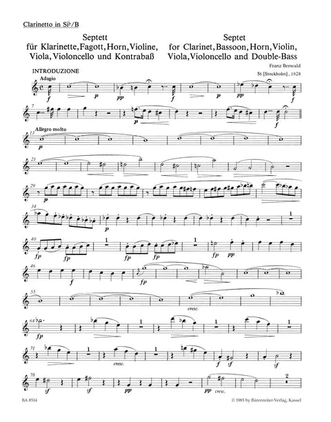 Berwald - Septet for Clarinet, Bassoon, Horn, Violin, Viola, Cello and Double Bass (Parts)