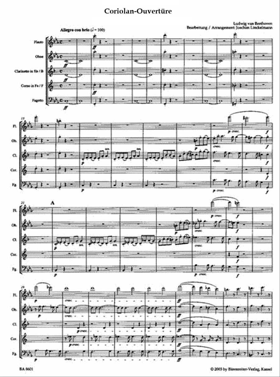 Beethoven - Coriolan Overture, Op. 62 for Wind Quintet (Score and Parts)