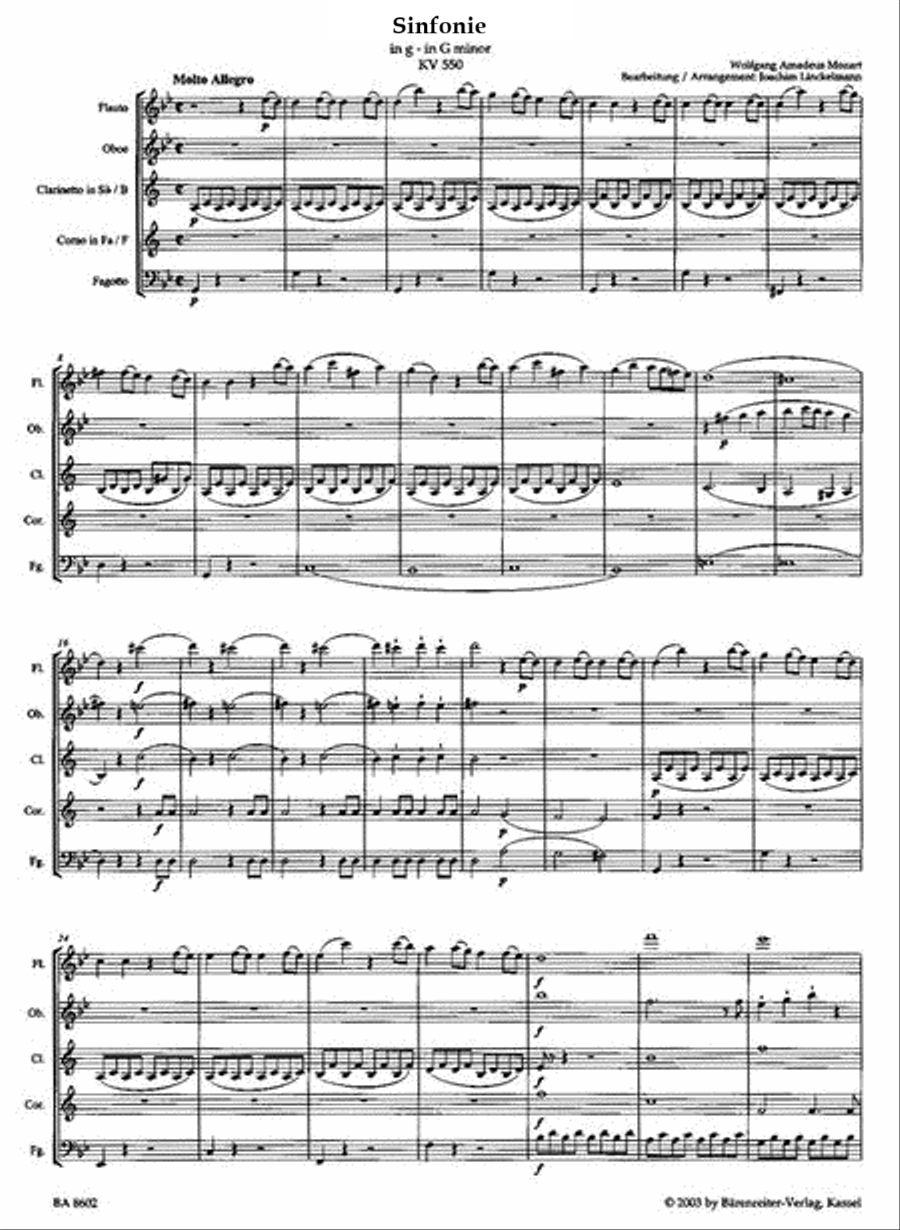 Mozart - Symphony No. 40 in G minor, K. 550 for Wind Quintet (Score and Parts)