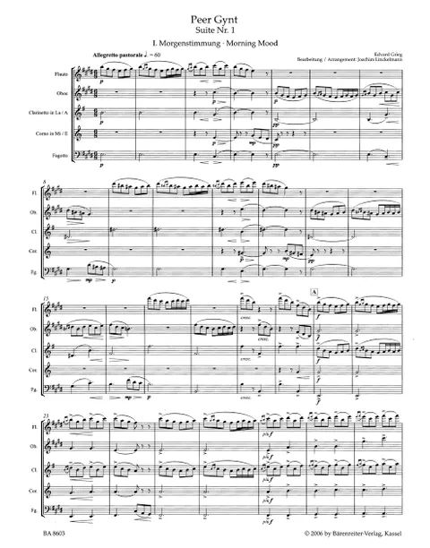 Grieg - Peer Gynt Suite No. 1, Op. 46 for Wind Quintet (Score and Parts)