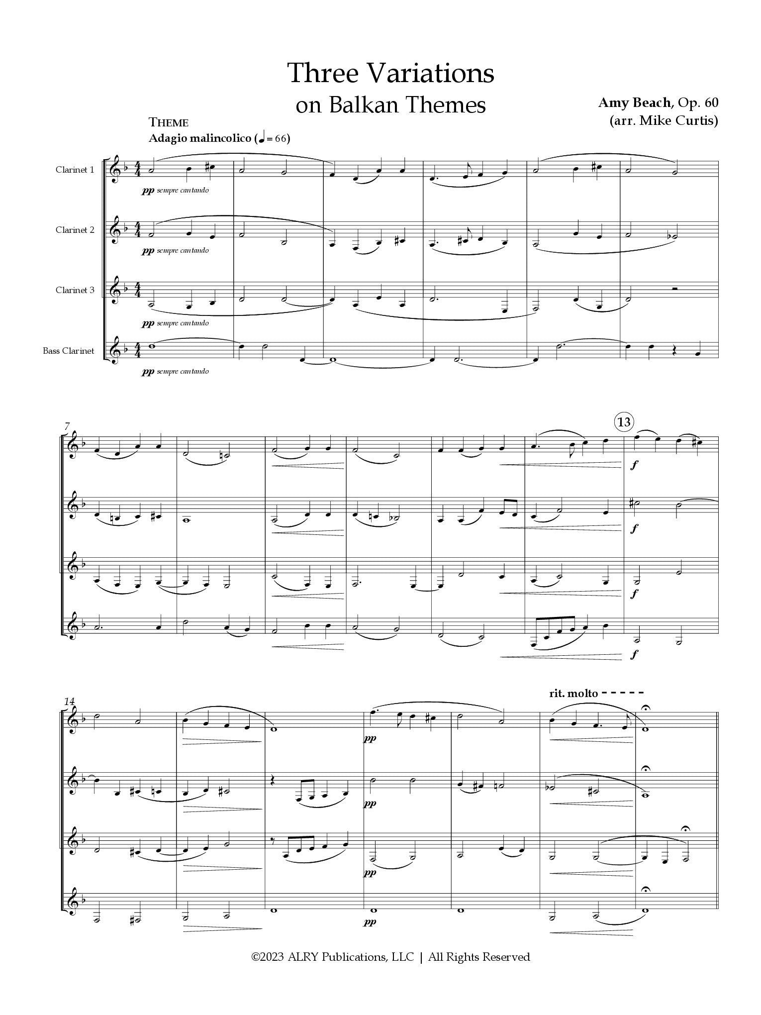 Beach (arr. Curtis) - Three Variations on Balkan Themes for Clarinet Quartet