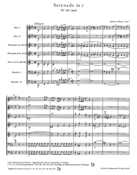 Mozart - Serenade No. 12 in C minor, K. 388 (Study Score)