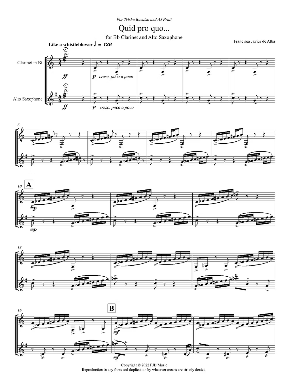 De Alba - Quid pro quo for B-flat Clarinet and Alto Saxophone
