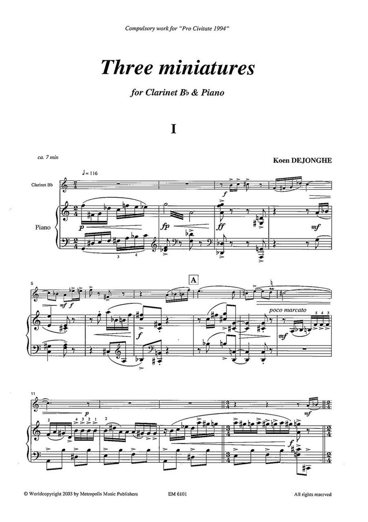Dejongke - 3 Miniatures for Clarinet and Piano