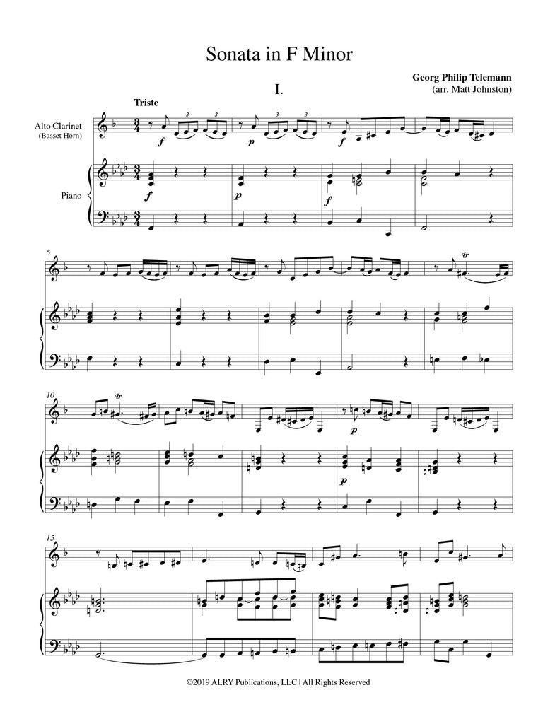 Telemann (arr. Johnston) - Sonata in F minor for Alto Clarinet (or Basset Horn) and Piano