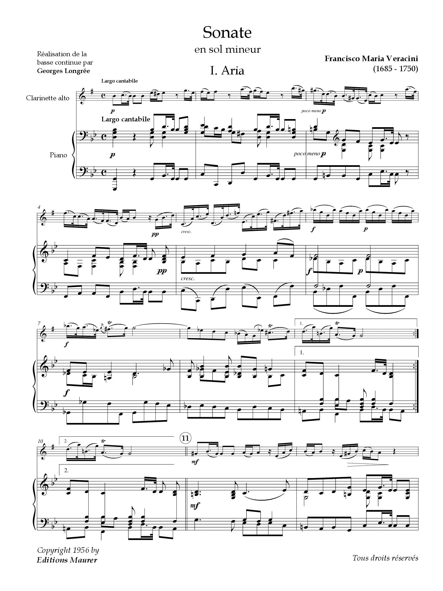 Veracini - Sonate en sol mineur for Alto Clarinet (or Basset Horn) and Piano