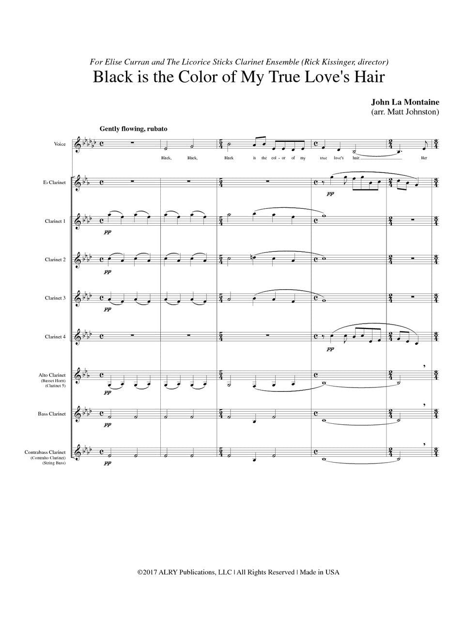 La Montaine - Black is the Color of My True Love's Hair for Solo Voice and Clarinet Choir