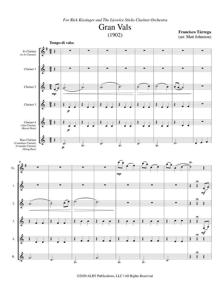 Tarrega (arr. Matt Johnston) - Gran Vals for Clarinet Choir