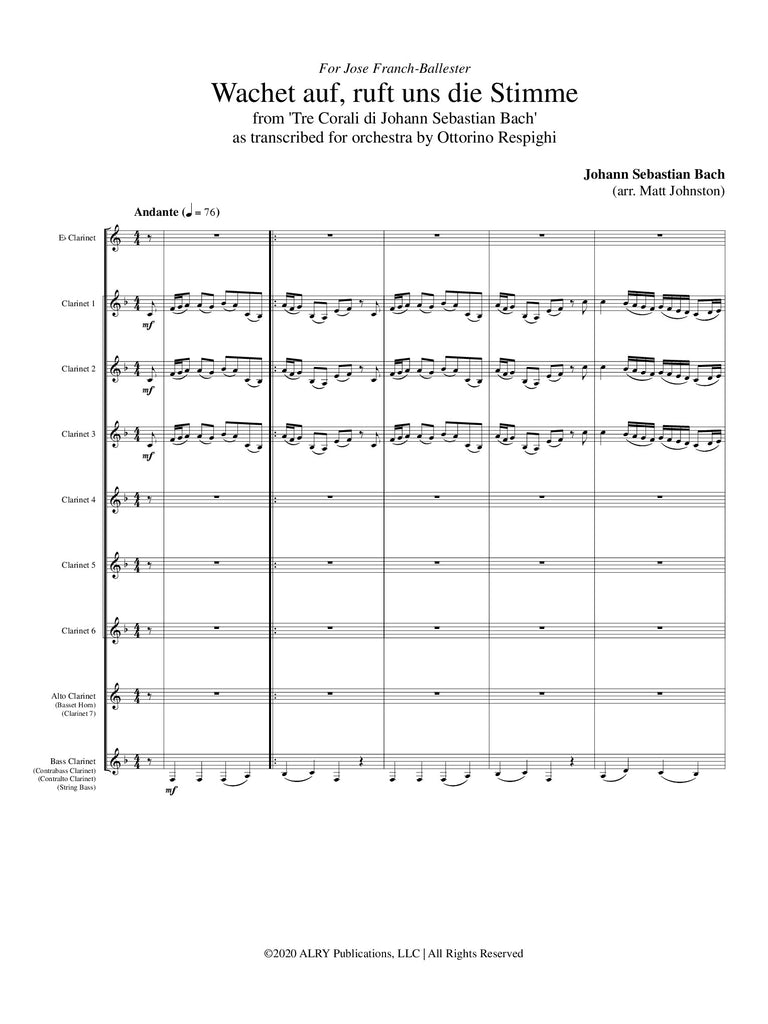 Bach (arr. Ottorino Respighi/Matt Johnston) - Wachet auf, ruft uns die Stimme for Clarinet Choir