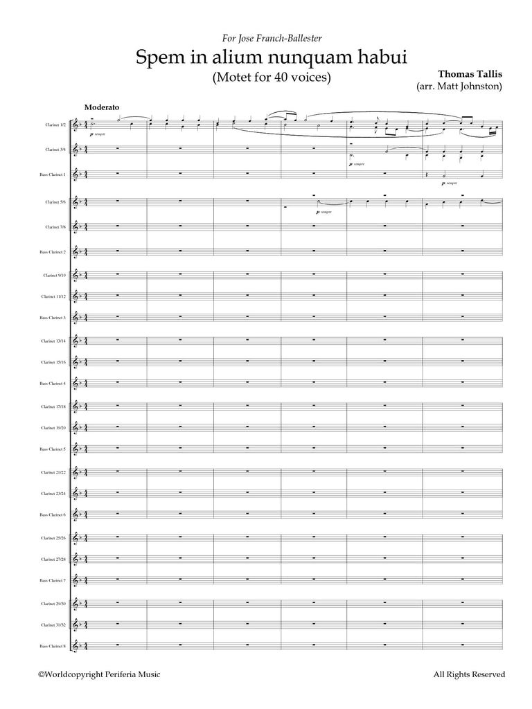 Tallis (arr. Johnston) - Spem in alium nunquam habui for Clarinet Choir