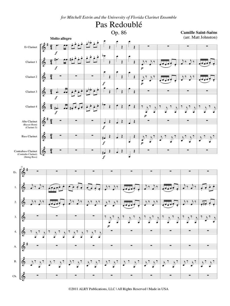 Saint-Saëns (arr. Matt Johnston) - Pas Redoublé, Op. 86 for Clarinet Choir