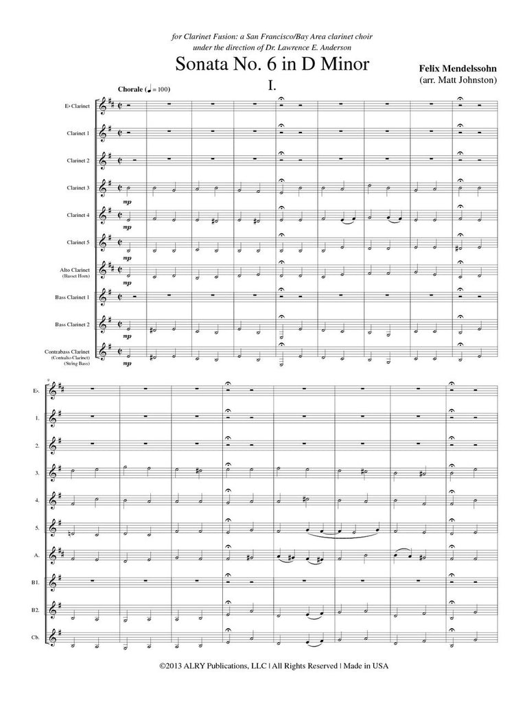Mendelssohn (arr. Johnston) - Sonata No. 6 in D Minor for Clarinet Choir