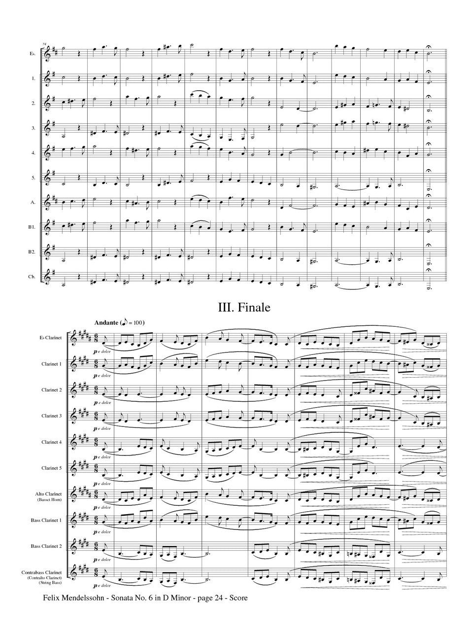 Mendelssohn (arr. Johnston) - Sonata No. 6 in D Minor for Clarinet Choir