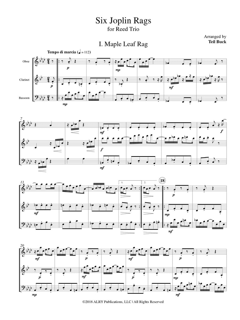 Joplin (arr. Buck) - Six Joplin Rags for Oboe, Clarinet, and Bassoon