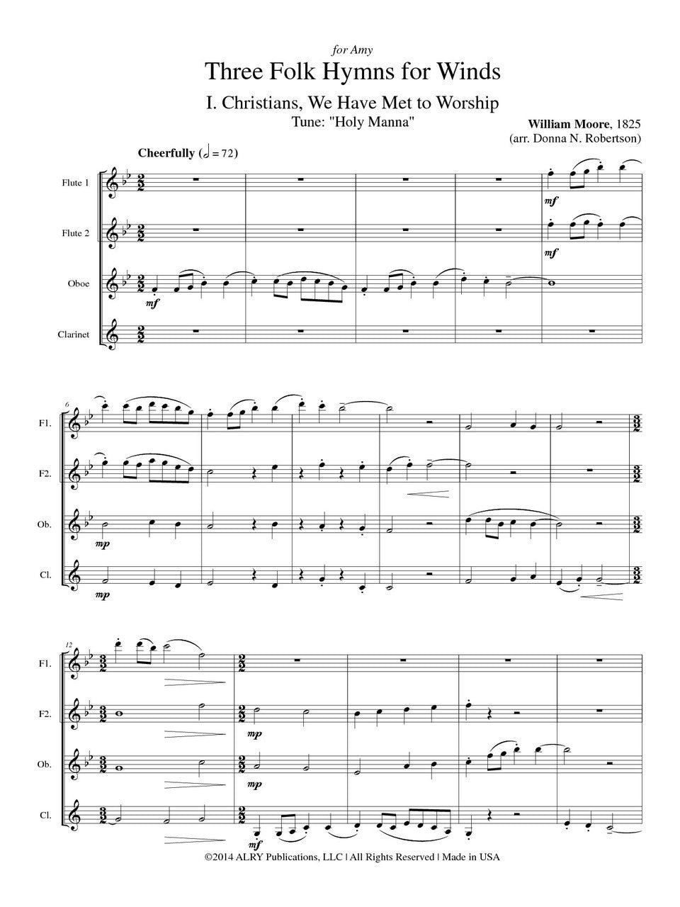 Robertson - Three Folk Hymns for Winds for Two Flutes, Oboe, and Clarinet