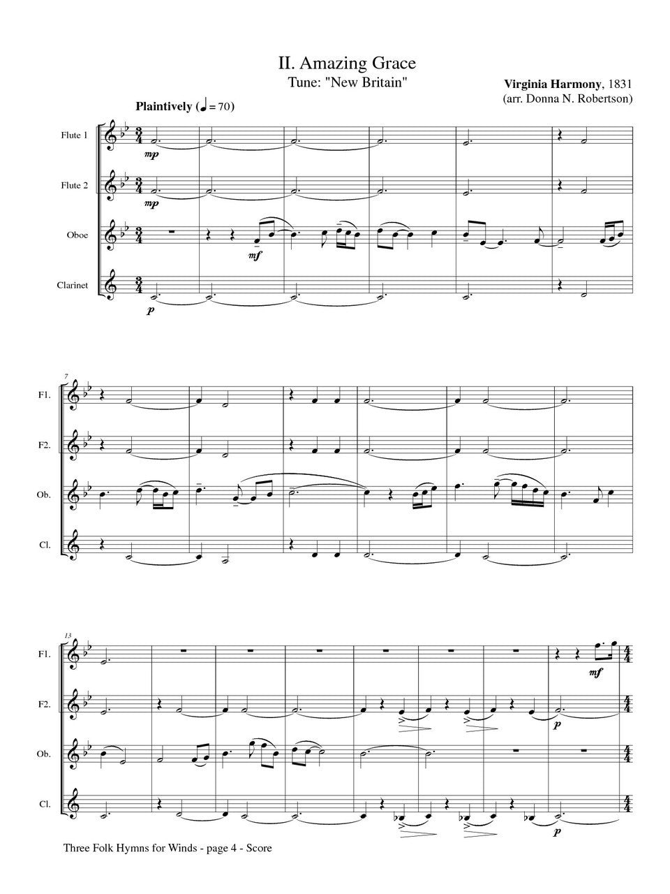 Robertson - Three Folk Hymns for Winds for Two Flutes, Oboe, and Clarinet