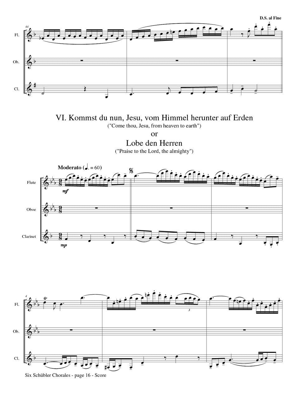Bach (arr. Robertson) - Six Schübler Chorales for Two Flutes, Oboe, and Clarinet