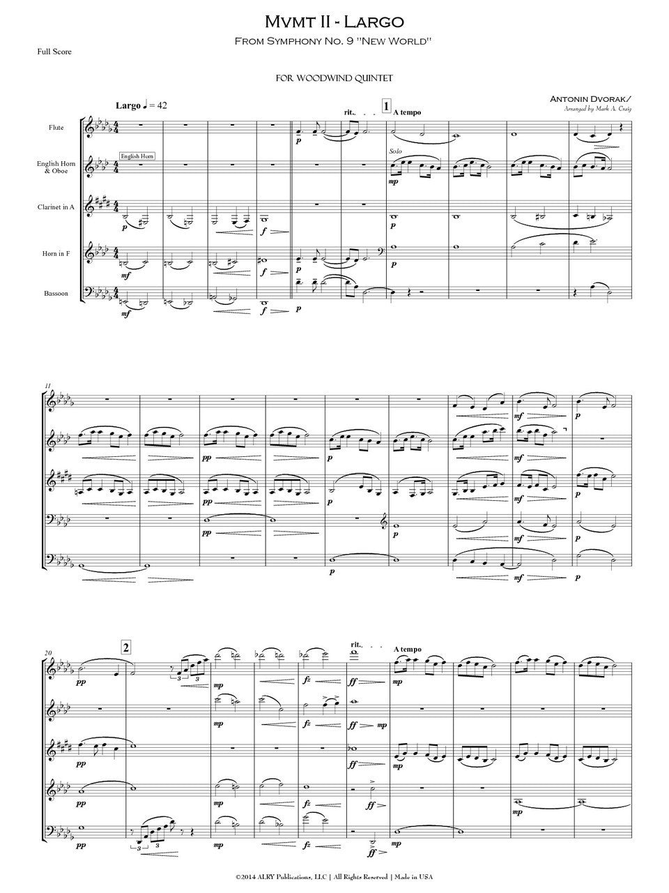 Dvorak (arr. Craig) - Largo from the New World Symphony for Wind Quintet