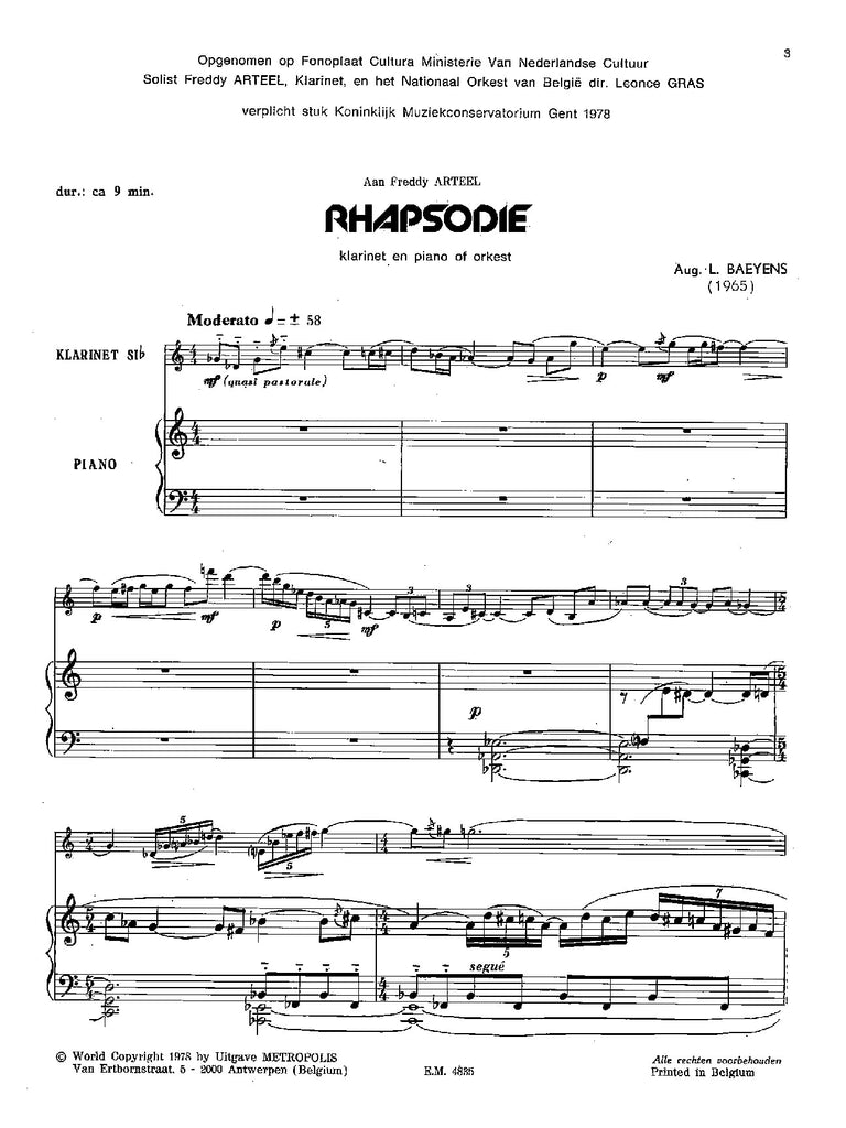 Baeyens - Rhapsodie for Clarinet and Piano