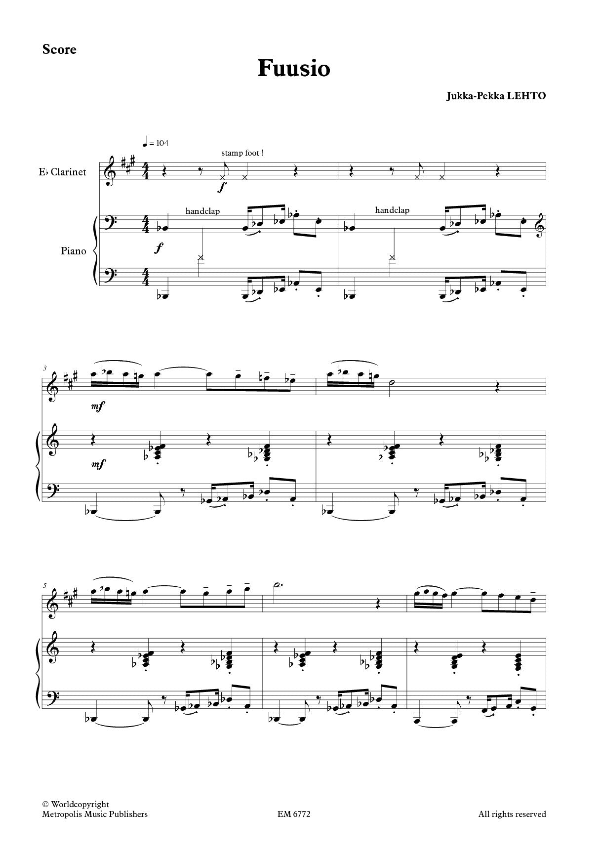 Lehto - Fuusio for Clarinet and Piano
