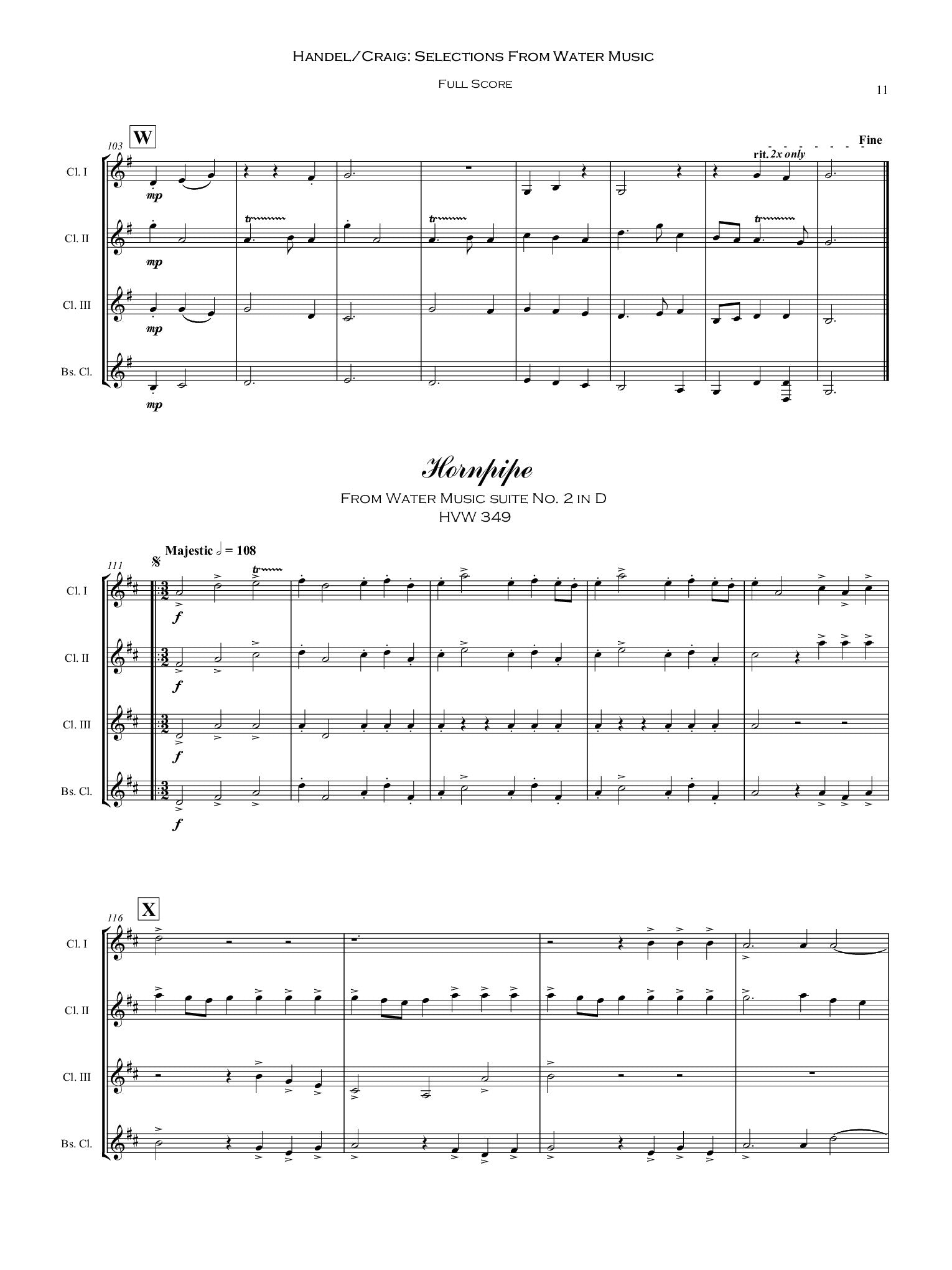 Handel (arr. Craig) - Selections from Water Music for Clarinet Quartet