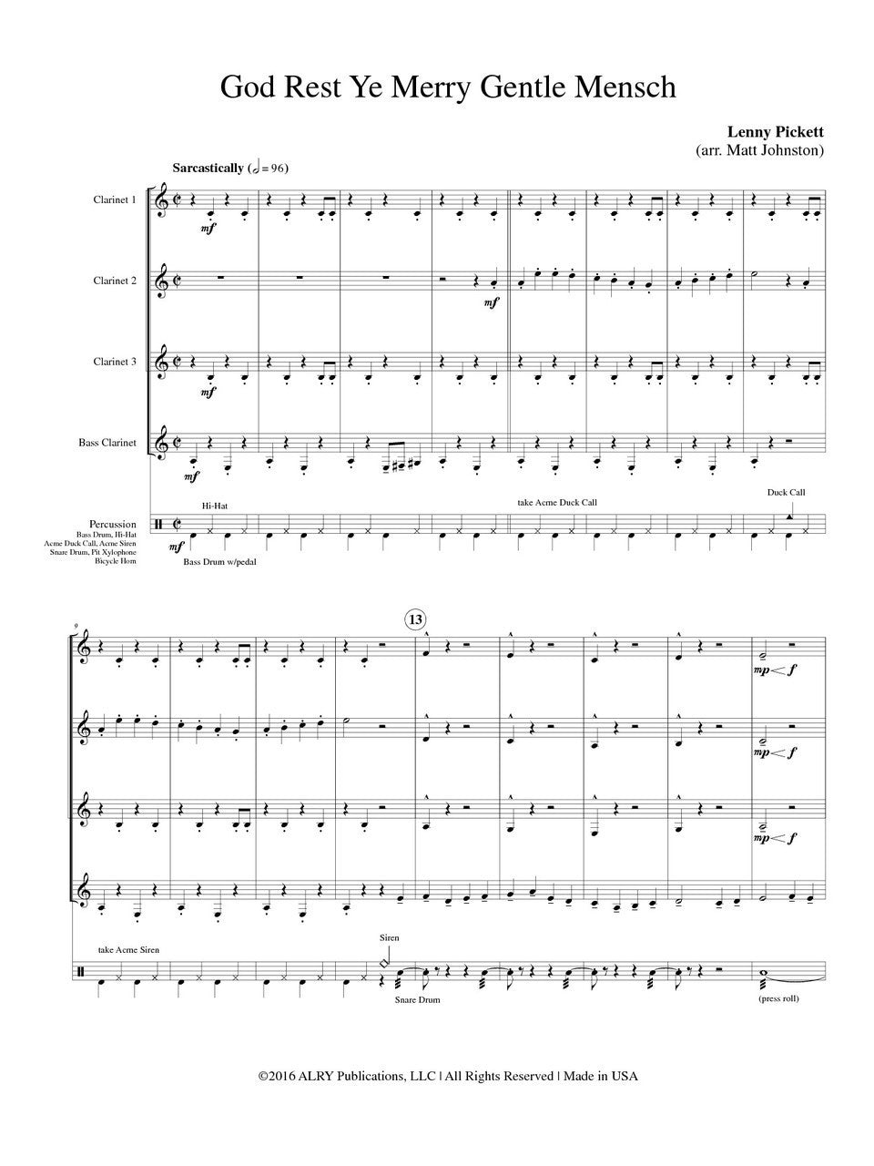 Pickett (arr. Johnston) - God Rest Ye Merry Gentle Mensch for Clarinet Quartet and Drumset