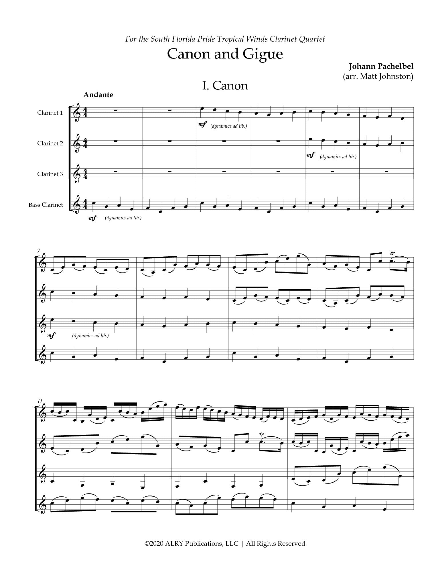 Pachelbel (arr. Johnston) - Canon and Gigue for Clarinet Quartet