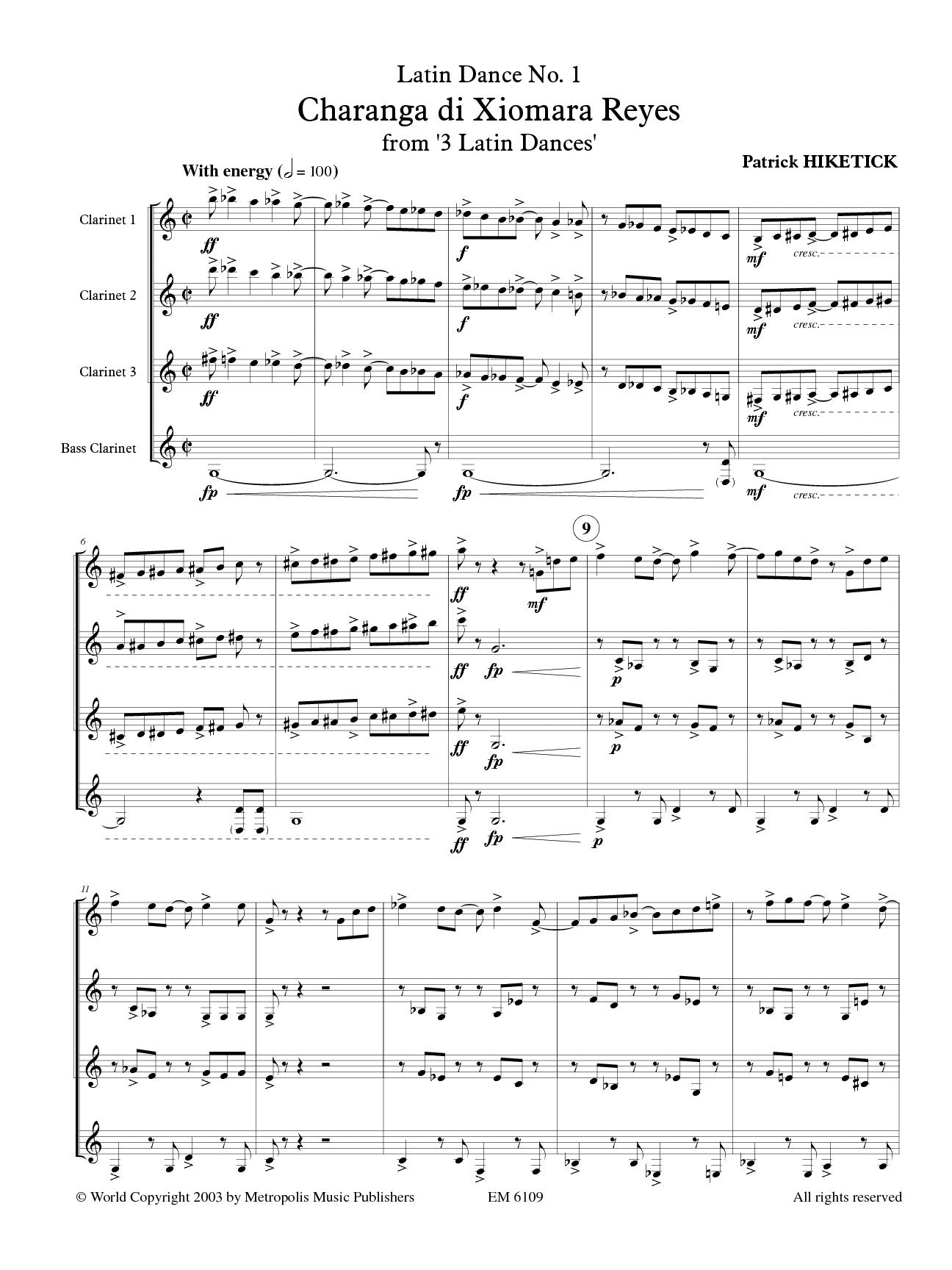 Hiketick - Latin Dances No. 1 (Charanga) for Clarinet Quartet