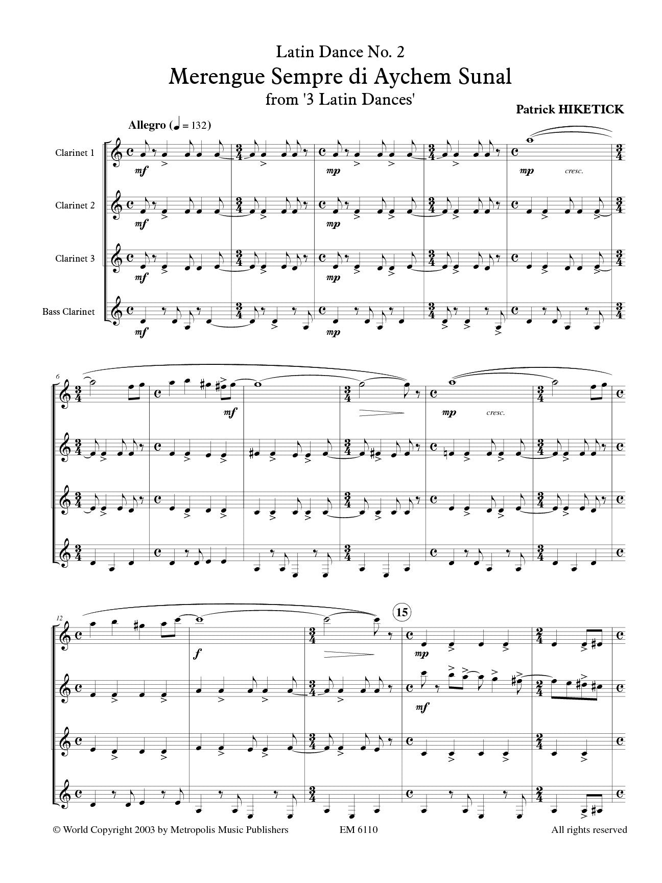 Hiketick - Latin Dances no.2 (Merengue) for Clarinet Quartet