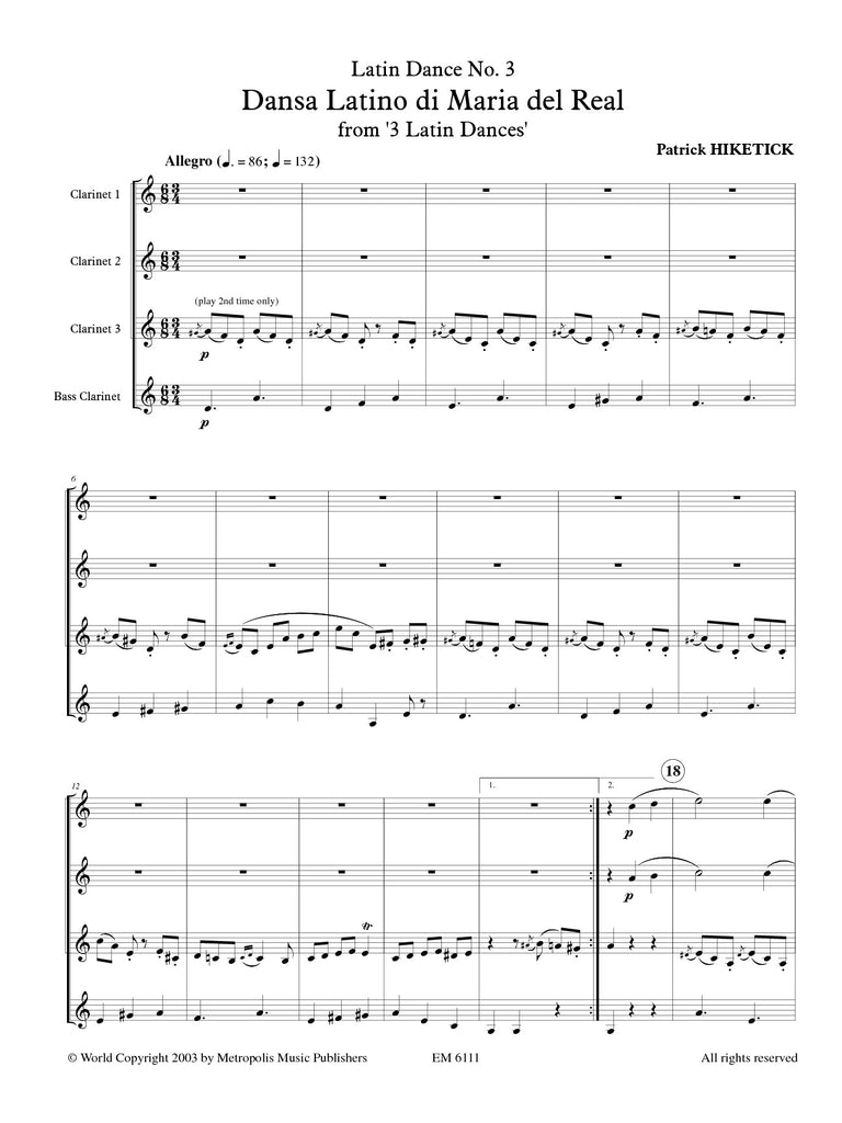 Hiketick - Latin Dances no.3 (Dansa latino) for Clarinet Quartet