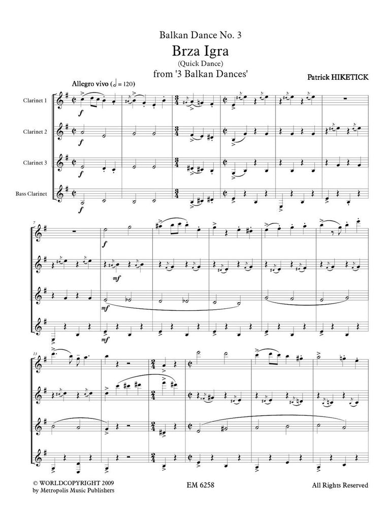 Hiketick - Balkan Dances No. 3 (Brza Igra) for Clarinet Quartet