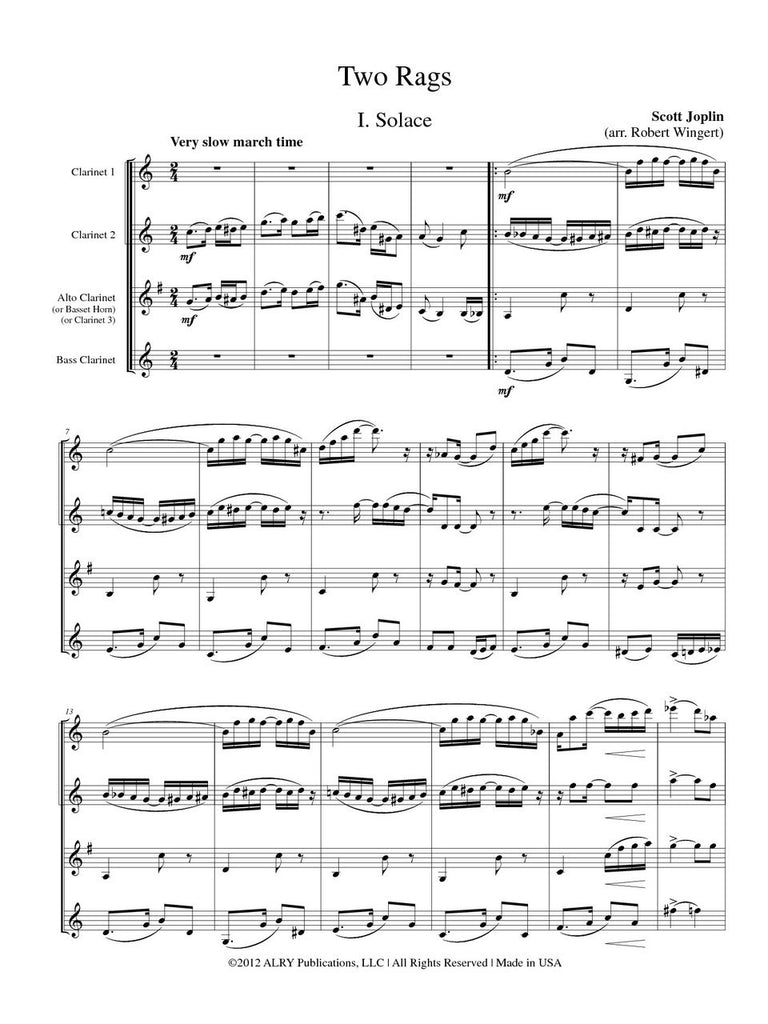Joplin (arr. Wingert) - Two Rags for Clarinet Quartet
