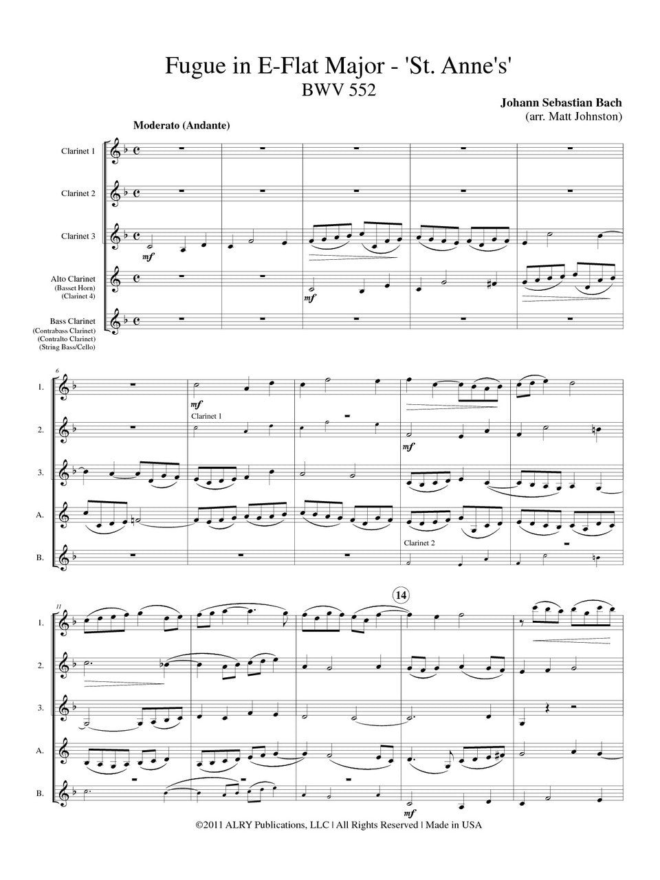 Bach (arr. Johnston) - Fugue in E-flat Major — ’St. Anne’s’ for Clarinet Quintet