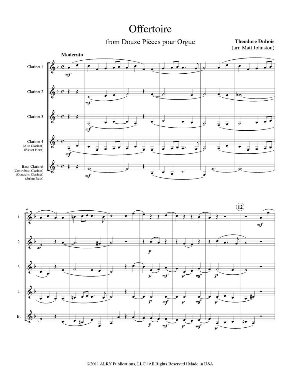 Dubois (arr. Johnston) - Offertoire for Clarinet Quintet