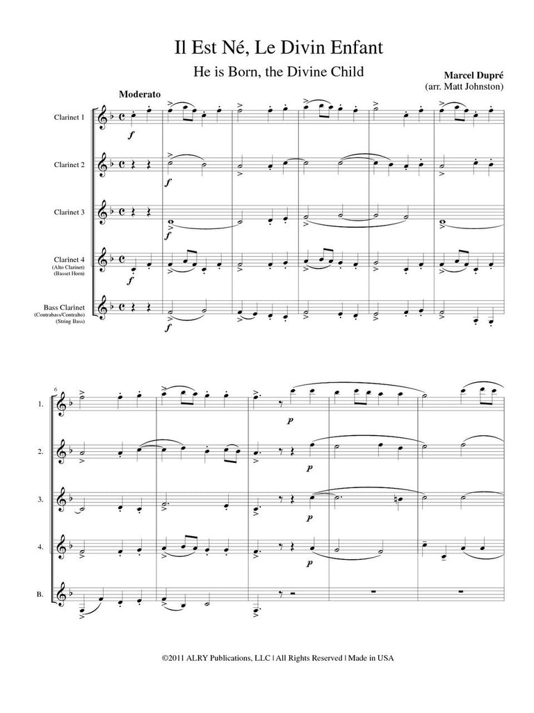 Dupre (arr. Johnston) - Il Est Ne Le Divin Enfant for Clarinet Quintet