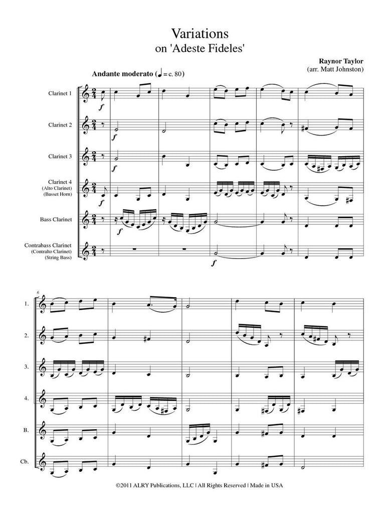 Taylor (arr. Johnston) - Variations on ‘Adeste Fideles’ for Clarinet Quintet