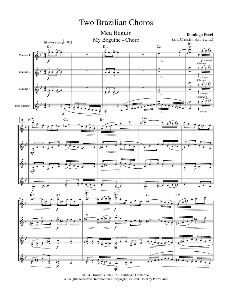 Pecci/K-Ximbinho (arr. Hablewitz) - Two Brazilian Choros - Meu Beguin and Ternura for Clarinet Quartet