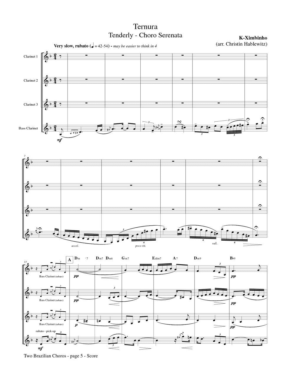 Pecci/K-Ximbinho (arr. Christin Hablewitz) - Two Brazilian Choros - Meu Beguin and Ternura for Clarinet Quartet