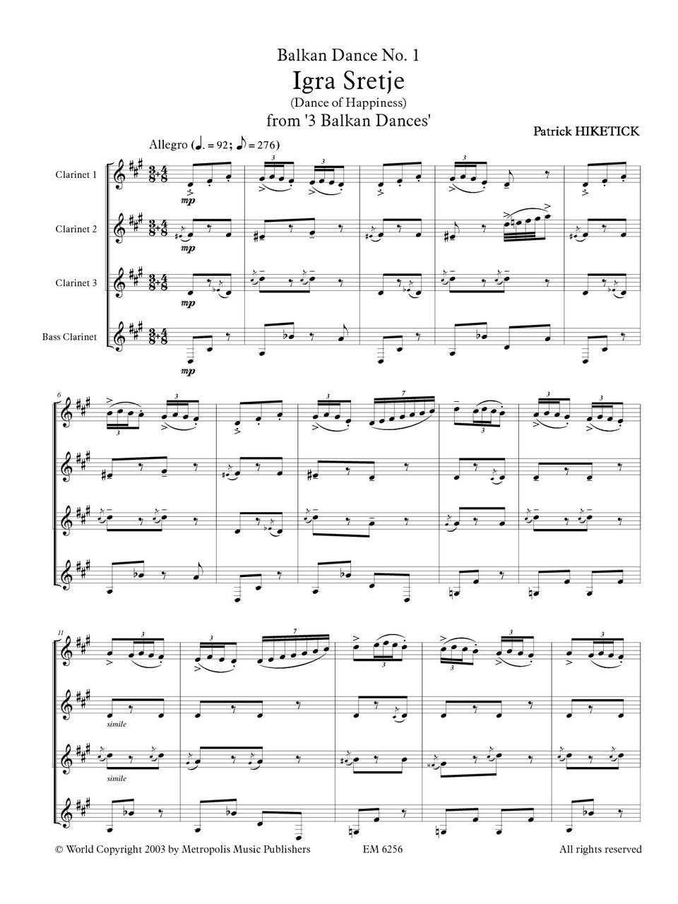 Hiketick - Balkan Dances no.1 (Igra Sretje) for Clarinet Quartet