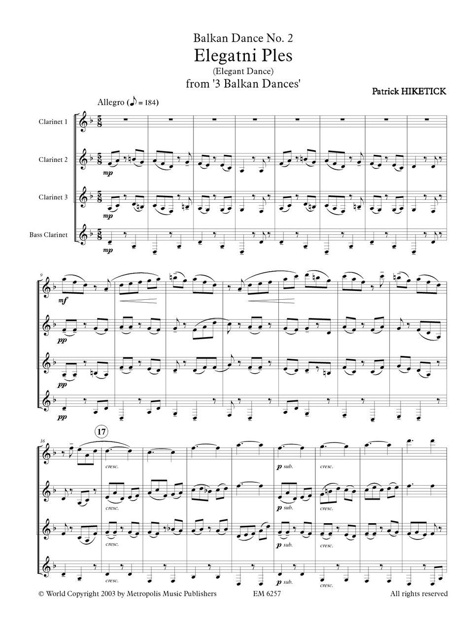 Hiketick - Balkan Dances No. 2 (Elegatni Ples) for Clarinet Quartet