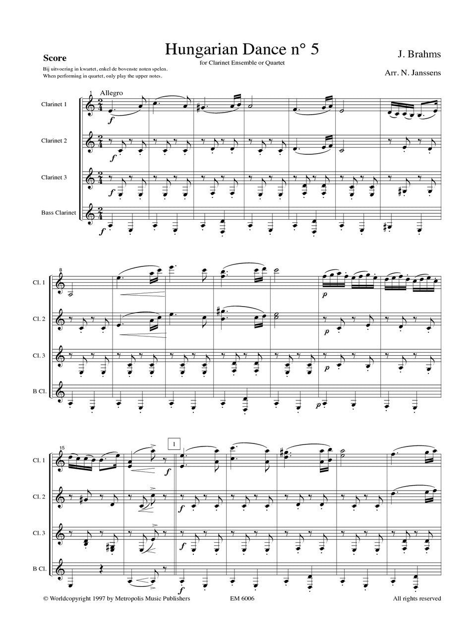 Brahms (arr. Jannsens) - Hungarian Dance No. 5 for Clarinet Quartet
