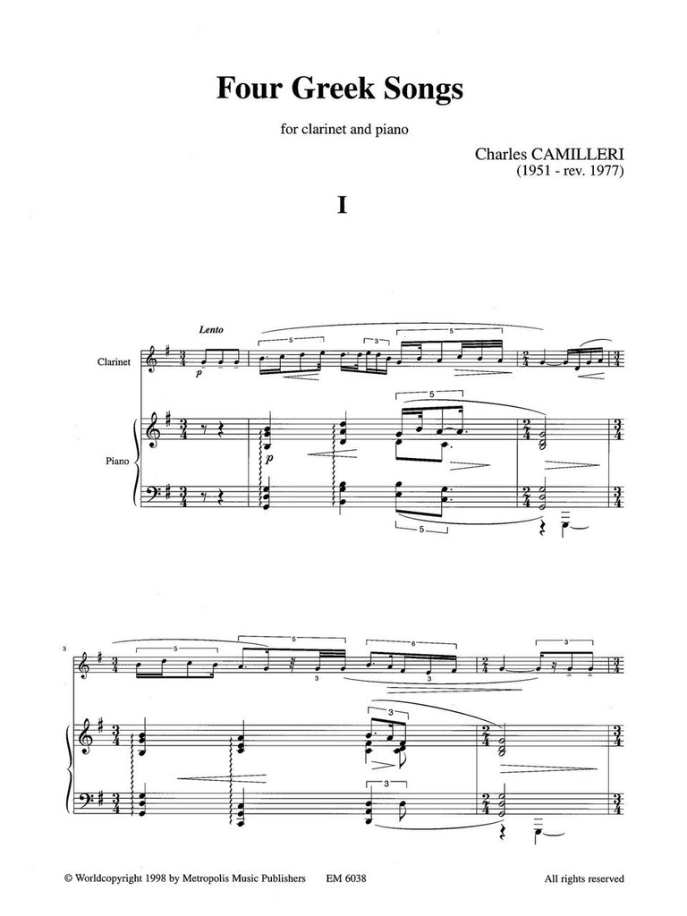 Camilleri - 4 Greek Songs for Clarinet and Piano