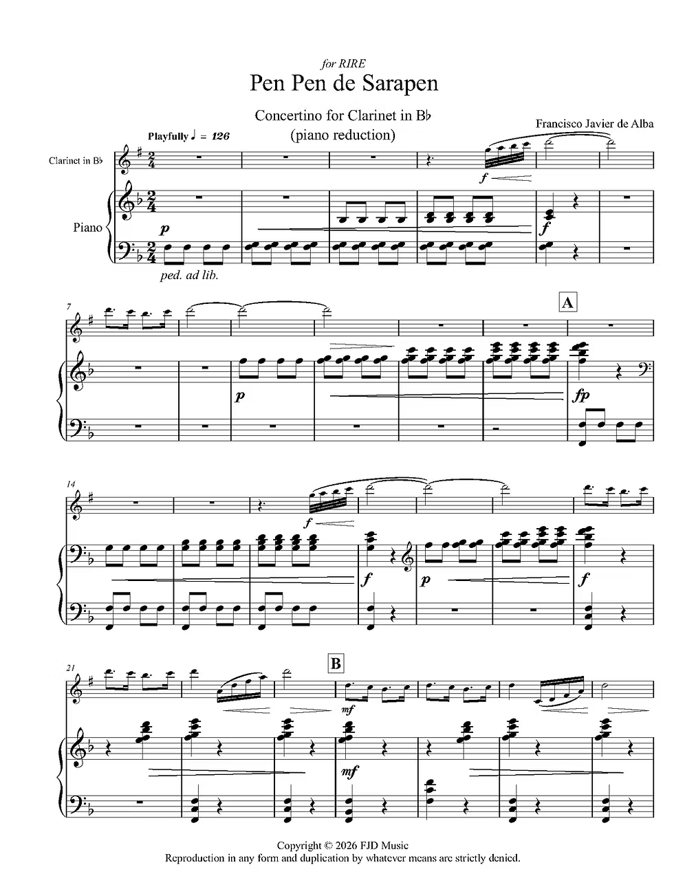 De Alba - Pen Pen de Sarapen for B-Flat Clarinet and Wind Band(Piano Reduction)