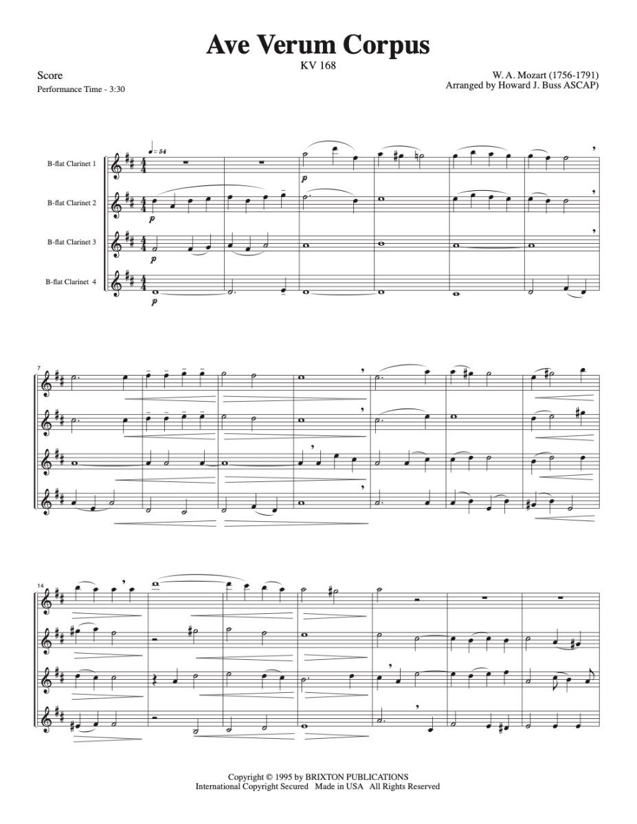 Mozart (arr. Buss) - Ave Verum Corpus for Clarinet Quartet