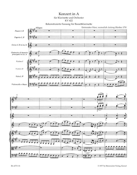 Mozart - Concerto for Clarinet and Orchestra in A major K. 622 - Reconstructed Version for Basset Clarinet and Orchestra