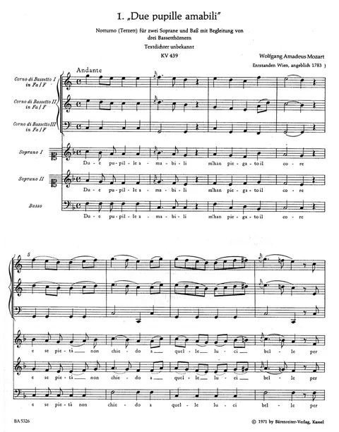Mozart - Six Notturni (Canzonette) for 2 Sopranos and Bass accompanied by 3 Bassett Horns i.e. 2 Clarinets and Bassett Horn K. 346 (439a), 436, 437, 438, 439, 549