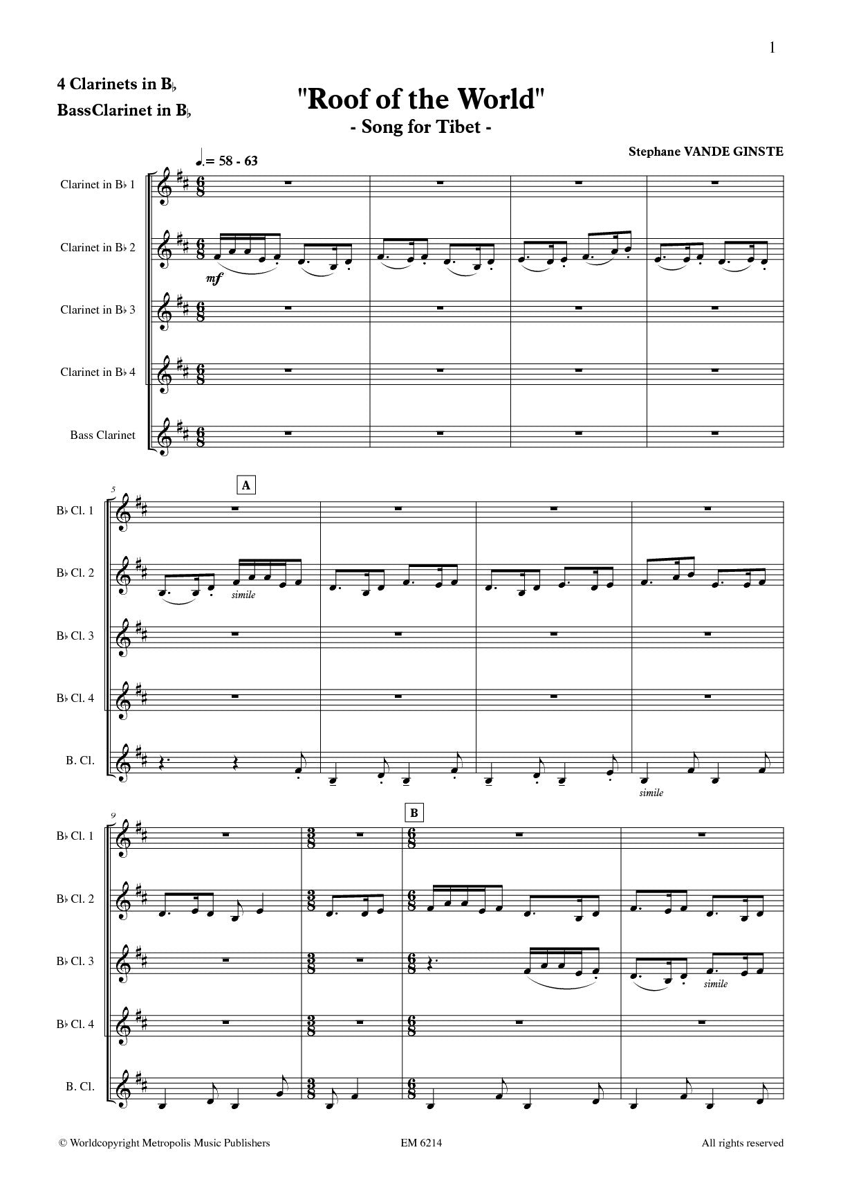 Vande Ginste - Roof of the World for Clarinet Quintet